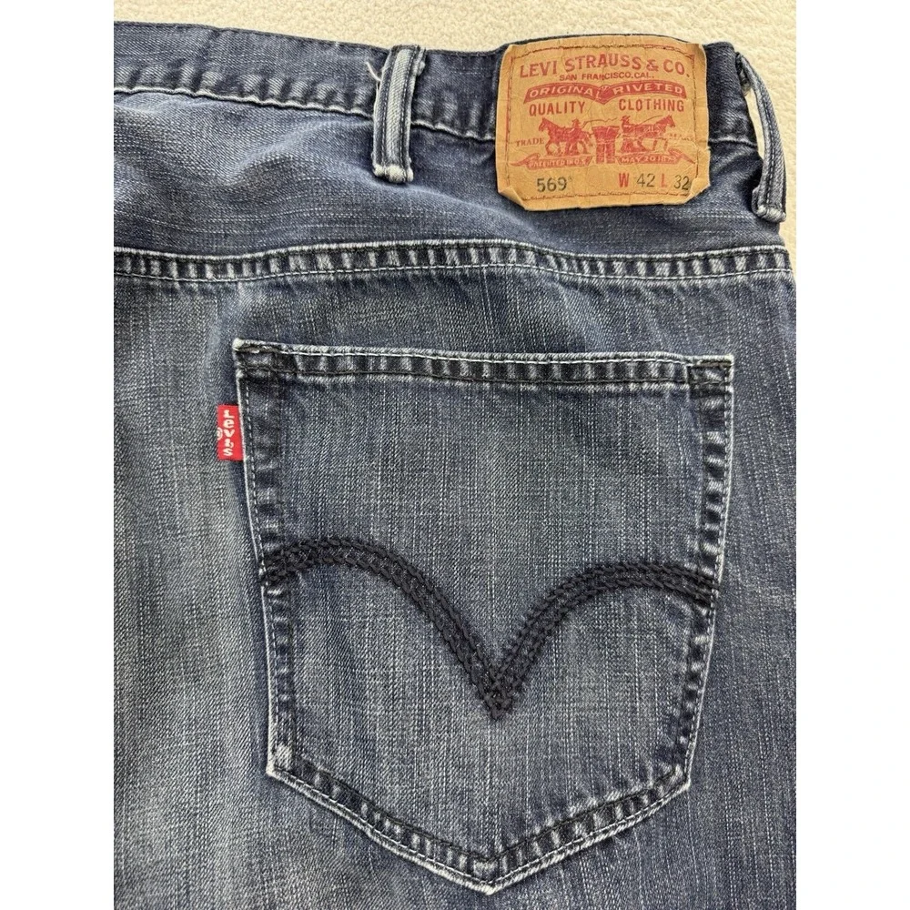 Levis 569 Jeans Men 42x32 Navy Blue Loose Baggy Straight Whisker Distress Denim